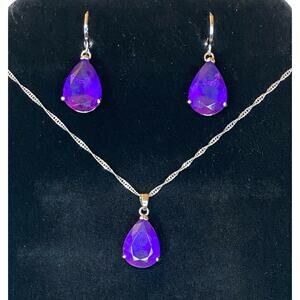 Silver Blue Topaz Crystal Rhinestone Gemstone Teardrop Necklace Earrings Set